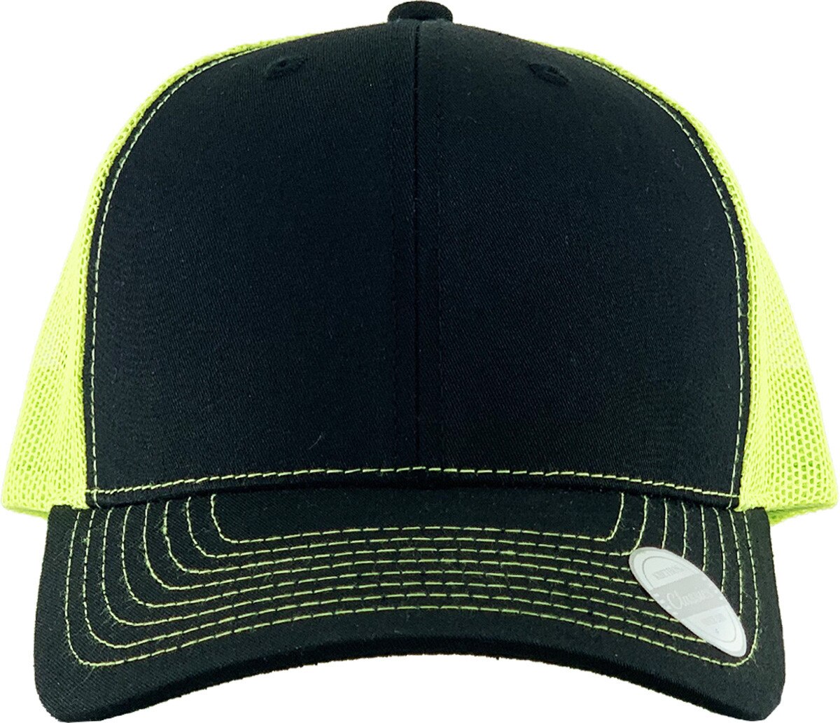 Black Neon Lime Two Tone Classic 6 Panel Trucker Mesh Snapback Front View